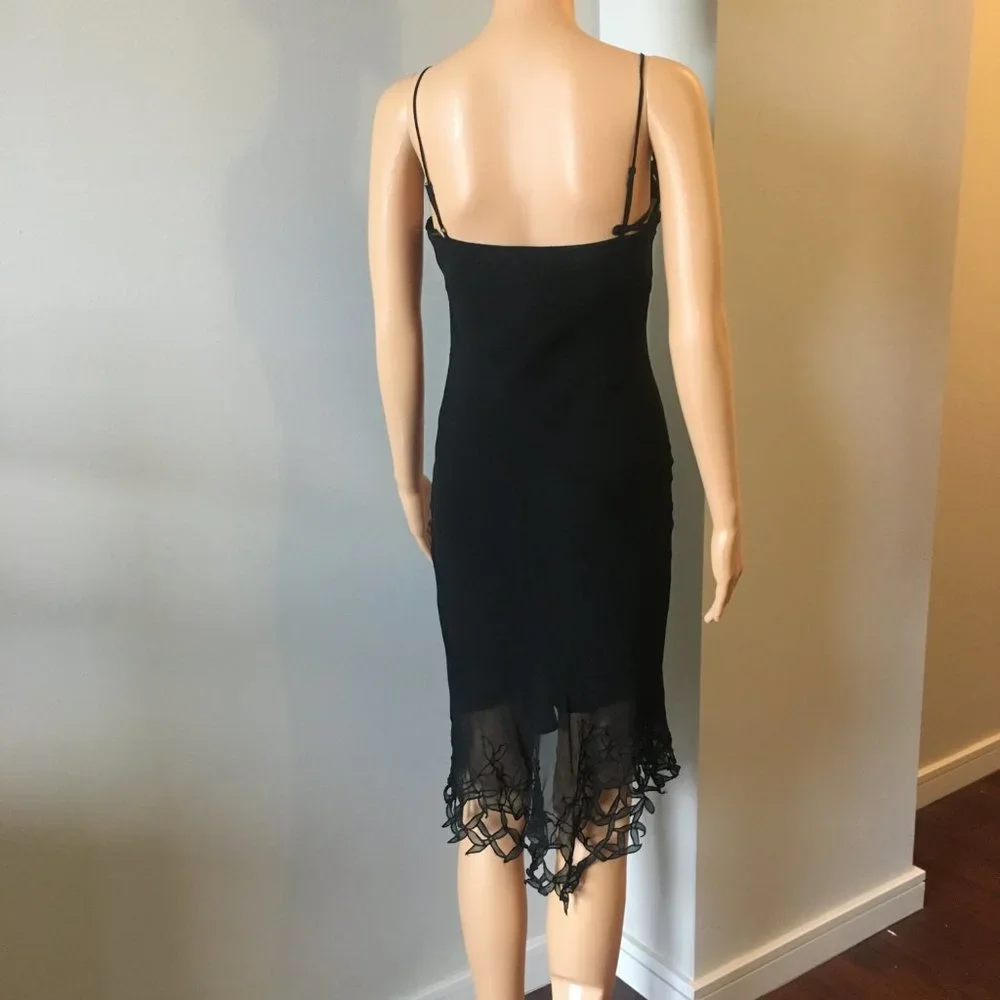 BCBGMaxAzria Silk Floral Lace-Trim Black Dress 0